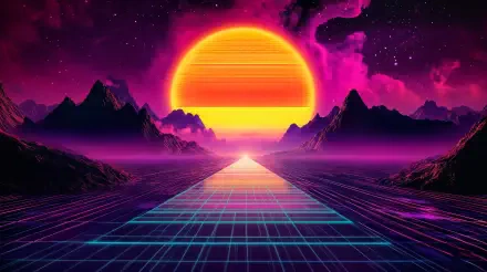 A vibrant retro 80s retrowave scene featuring a large orange sun set against a purple sky, with mountains and a grid pathway leading towards it. 4K Ultra HD quality.