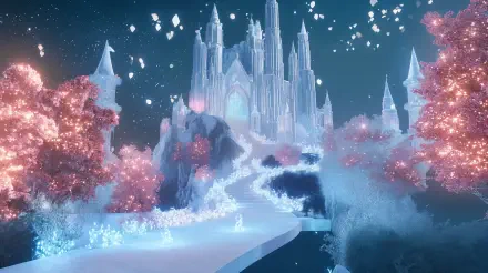 A stunning 4K Ultra HD image of an enchanted castle, surrounded by luminescent flora and ethereal light, creating a magical fantasy landscape.