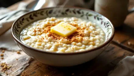 A close-up of a bowl of oatmeal topped with a pat of butter and a sprinkle of cinnamon, set against a rustic wooden background. This 4K Ultra HD image serves as a desktop wallpaper.