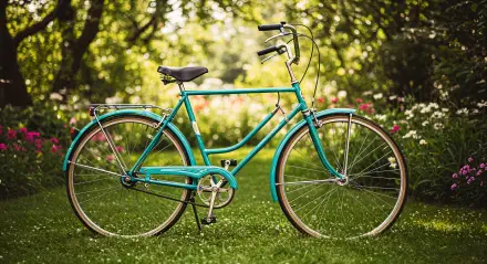 A vibrant turquoise bicycle stands on lush green grass, surrounded by blooming flowers, creating a serene outdoor scene in this 4K Ultra HD wallpaper.
