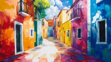 A vibrant street scene with colorful buildings and a bright sky, exemplifying lively artistry, captured in stunning 4K Ultra HD for a captivating desktop wallpaper.