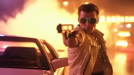A retro 90s scene featuring a man in sunglasses pointing a camera while standing by a car, set against a backdrop of vibrant colors and dramatic lighting, presented as a 4K Ultra HD wallpaper.