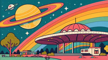 A vibrant 4K Ultra HD PC desktop wallpaper featuring a whimsical UFO under a colorful rainbow, with Saturn and a starry night sky in the background.