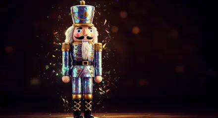 A beautifully detailed nutcracker figure stands against a dynamic, sparkling background, captured in 4K Ultra HD, making it a striking PC desktop wallpaper and background.