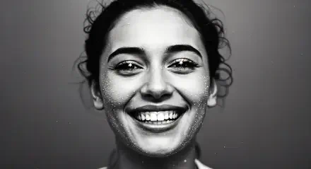 A joyful woman with curly hair smiles brightly, radiating happiness. This striking image serves as a vibrant 4K Ultra HD PC desktop wallpaper and background.