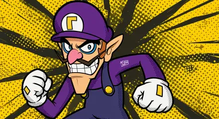 A vibrant 4K Ultra HD desktop wallpaper featuring Waluigi in an action pose, with a dynamic yellow comic-style background that enhances his mischievous character.
