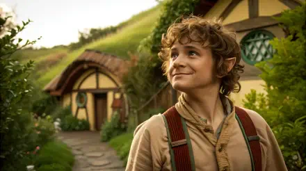 A hobbit stands outdoors, smiling contentedly in front of a charming, rustic house surrounded by lush greenery. This 4K Ultra HD image captures a whimsical fantasy vibe.