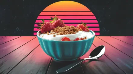 A vibrant 4K Ultra HD wallpaper featuring a bowl of yogurt topped with strawberries and granola, set against a retro sunset background.
