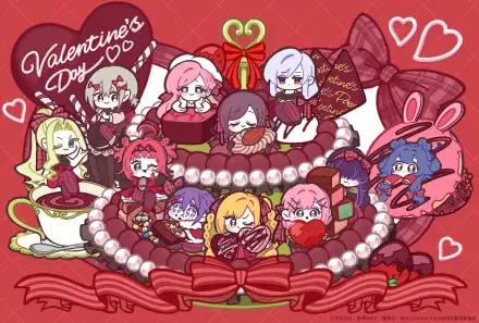 HD PC desktop wallpaper of chibi characters from the anime The 100 Girlfriends Who Really Really Really Really Really Love You celebrating Valentine’s Day with hearts and chocolates.