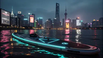 A glowing paddle board rests on calm water, silhouetted against a vibrant skyline of modern skyscrapers at night, creating a stunning 4K Ultra HD desktop wallpaper background.
