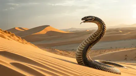 A striking 4K Ultra HD wallpaper featuring a snake poised among golden sand dunes, with a dramatic desert landscape and soft sunlight illuminating the scene.