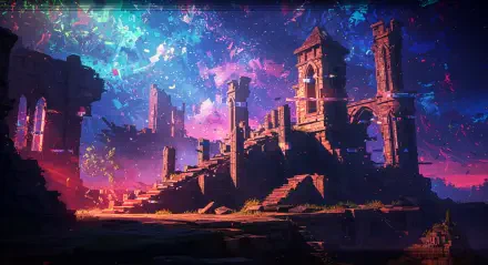 A vibrant fantasy ruin with towering arches and steps, set against a cosmic backdrop of colorful skies. This stunning image serves as a captivating 4K Ultra HD desktop wallpaper.