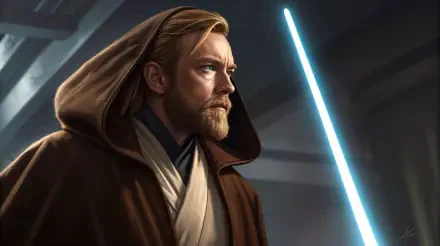 A 4K Ultra HD PC desktop wallpaper featuring Obi-Wan Kenobi, depicted in a contemplative pose with a blue lightsaber, showcasing his iconic robe and strong presence.