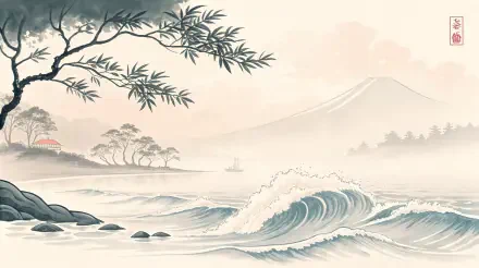 A serene chillwave-themed 4K Ultra HD wallpaper featuring gentle waves, misty mountains, and a tranquil landscape with trees and distant shorelines.