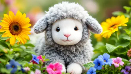 A fluffy, gray lamb with a sweet expression surrounded by vibrant flowers, set against a bright, lively background, creating a charming 4K Ultra HD desktop wallpaper.