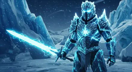A stunning 4K Ultra HD wallpaper featuring a space knight in icy armor, wielding a glowing blue sword against a snowy landscape. The scene exudes strength and mystique.