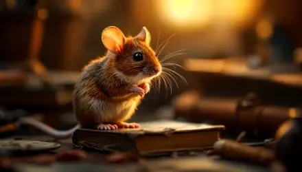 A cute mouse perched on an old book, surrounded by warm light and scattered books, creating a cozy atmosphere. This 4K Ultra HD image serves as a captivating desktop wallpaper.