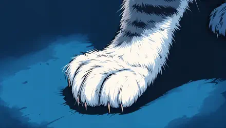 Close-up of a furry paw with sharp claws set against a vivid blue background, showcasing intricate details, designed as a 4K Ultra HD PC desktop wallpaper and background.