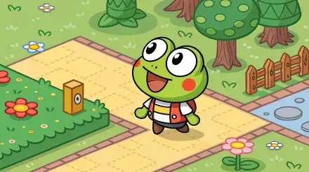 A cheerful frog character, Keroppi, walks along a sunny pathway adorned with flowers and trees. This vibrant scene is presented as a 4K Ultra HD PC desktop wallpaper and background.
