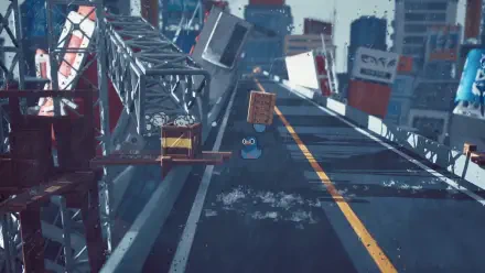 A whimsical HD PC wallpaper from GuGu Pizza: Delivering Pizza to the Space Station, showcasing a quirky scene with overturned crates and a colorful character navigating a chaotic roadway.