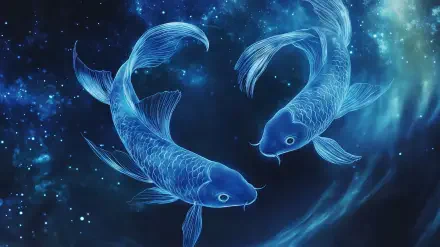 A vibrant HD wallpaper featuring two ethereal blue fish swimming in a cosmic backdrop, symbolizing Pisces in astrology and the zodiac.