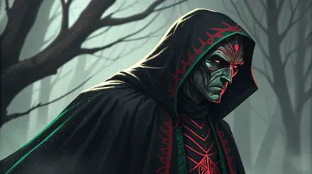 A dark, mysterious figure in a hooded cloak stands in a foggy forest, featuring striking green and red details. This 4K Ultra HD wallpaper creates an eerie, atmospheric scene.