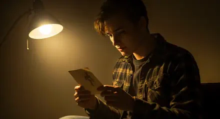 A young man sitting under a lamp, intently reading a card, captured in a warm, inspirational atmosphere. This image serves as a stunning 4K Ultra HD PC desktop wallpaper.