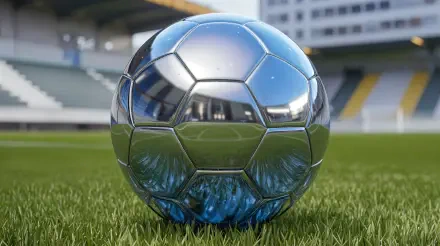 A close-up of a shiny soccer ball resting on vibrant green grass, set against a blurred stadium backdrop. The image serves as a stunning 4K Ultra HD desktop wallpaper.