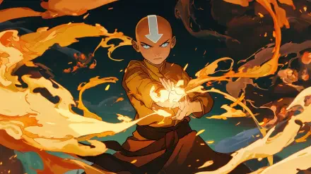 Aang from Avatar: The Last Airbender, depicted in dynamic action, manipulating fire amidst swirling flames. This vibrant image serves as a striking HD desktop wallpaper.