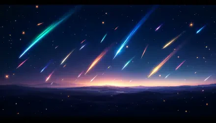 A stunning 4K Ultra HD wallpaper depicting a vibrant meteor shower with multicolored trails streaking across a starry night sky and a distant horizon.