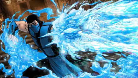HD PC wallpaper featuring Sub-Zero from Mortal Kombat unleashing an icy blast, styled with Fortnite-inspired video game art.
