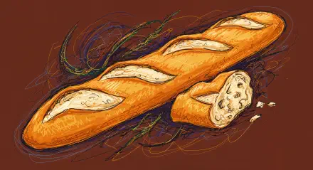 A detailed sketch of a baguette, showcasing its golden crust and soft interior, set against a rich background, designed as a 4K Ultra HD PC Desktop Wallpaper and background.