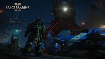 A striking HD wallpaper from Warhammer 40K: Space Marine 2, featuring a Space Marine poised against a dramatic neon-lit backdrop of futuristic machinery and dark shadows.