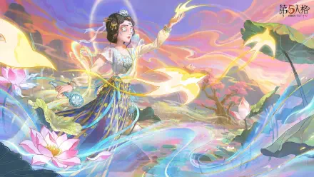 HD PC desktop wallpaper background of an Identity V video game character: ethereal female in flowing robes casting golden light over swirling water and lotus blossoms in pastel sunset hues.