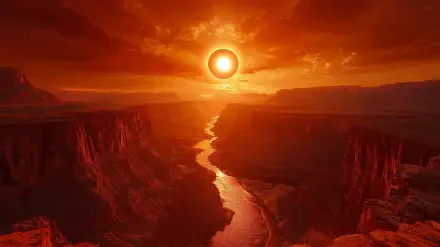 A stunning landscape featuring a dramatic canyon with a river, illuminated by the radiant sunlight of an eclipse against a backdrop of rich orange and red hues.