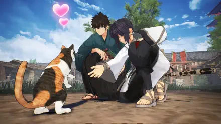 Two characters from the video game Fate/Samurai Remnant interact playfully with a cat, surrounded by a sunny, outdoor setting with hearts floating above. 