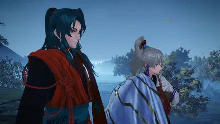 A captivating scene from the video game Fate/Samurai Remnant, featuring two characters in a tranquil landscape, showcased in stunning 4K Ultra HD detail.