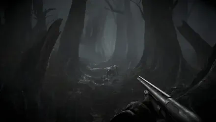 Dark, eerie forest scene from the video game Total Chaos, presented as a 4K Ultra HD PC desktop wallpaper featuring a first-person shotgun view.
