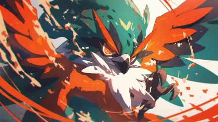 A vibrant HD desktop wallpaper featuring Decidueye, the Pokemon, showcasing its striking green and orange feathers against a dynamic background.