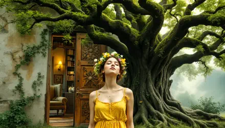 A serene double exposure image featuring a woman in a yellow dress with a floral crown, standing before a majestic tree and an inviting doorway, creating a captivating 4K Ultra HD background.