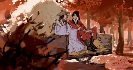 4K Ultra HD wallpaper featuring San Lang and Xie Lian from Heaven Official's Blessing (Tian Guan Ci Fu) sitting together on a tree branch amid autumn foliage.