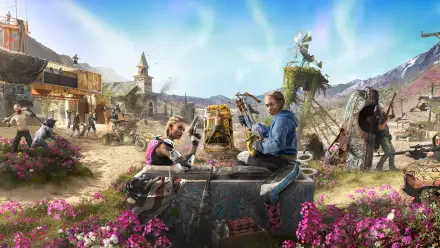 A vibrant HD wallpaper from Far Cry New Dawn, showcasing characters amidst a post-apocalyptic landscape filled with flowers and ruins, capturing the essence of adventure and survival.
