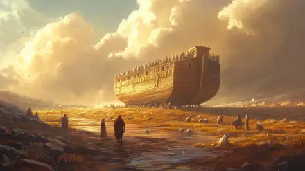 A stunning HD wallpaper depicting Noah's Ark amidst a dramatic sky, with figures walking on a grassy landscape, capturing the essence of this iconic religious story.