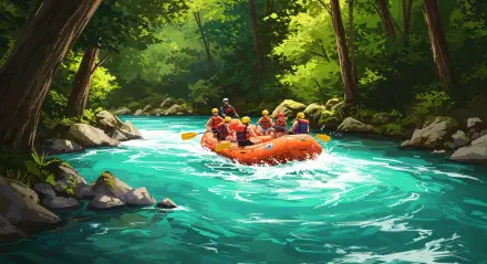 A vibrant rafting scene depicting a group navigating a turquoise river surrounded by lush greenery, designed as a stunning 4K Ultra HD PC desktop wallpaper and background.