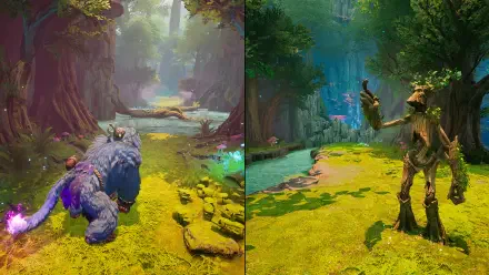 HD wallpaper from the video game Split Fiction, featuring vibrant forest scenes with a creature and a mystical figure amidst lush greenery and serene waters.