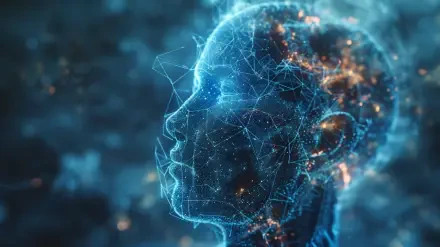 A futuristic, holographic depiction of a human head, showcasing intricate cybernetic patterns and a vibrant, interconnected network of light, ideal for a HD desktop wallpaper.