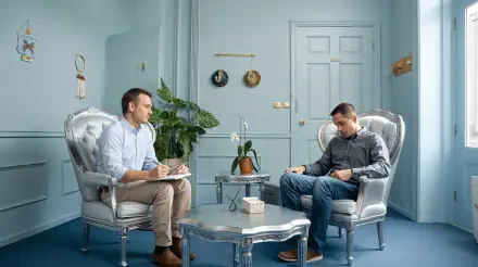 A serene therapy session in a softly lit room, featuring a therapist taking notes while a client reflects thoughtfully, surrounded by calming decor. 4K Ultra HD wallpaper.