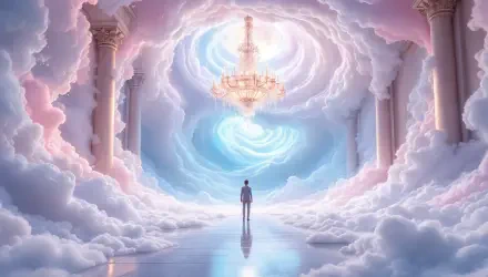 A dreamy ballroom scene featuring a luminous chandelier and soft clouds in a pastel sky, creating a serene and enchanting atmosphere. 4K Ultra HD PC desktop wallpaper.