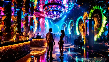 A vibrant nightclub scene featuring colorful lights, dynamic decor, and silhouettes of people, creating an energetic atmosphere. This image serves as a 4K Ultra HD desktop wallpaper.