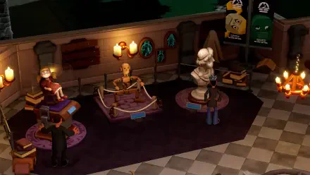 A vibrant scene from the video game Two Point Museum, showcasing a whimsical gallery with characters and diverse exhibits, set in a richly detailed environment.